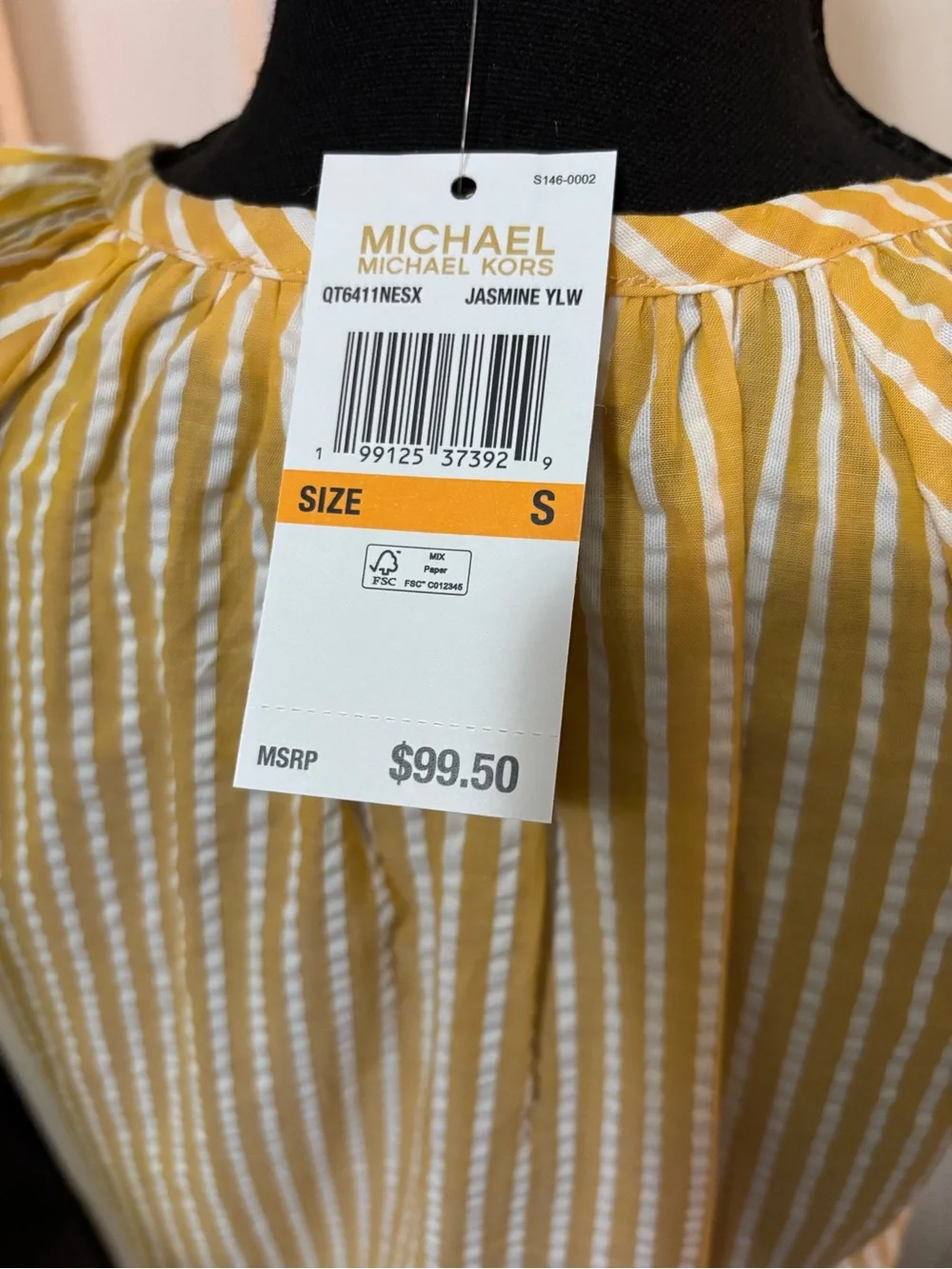 Michael Kors Yellow and White Striped Tie-Neck Blouse